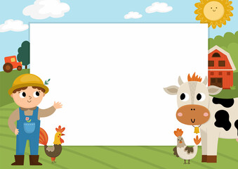 Farm party greeting card template with cute farmer, rural landscape and animals. Countryside poster or invitation for kids. Bright country holiday illustration with cow, rooster, and place for text.