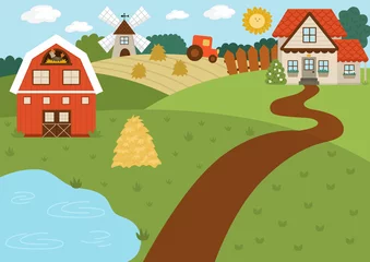 Badezimmer Foto Rückwand Vector farm landscape illustration. Rural village scene with barn, country house, tractor. Cute spring or summer nature background with pond, meadow, garden. Detailed country field picture for kids. © Lexi Claus