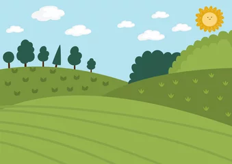 Gordijnen Vector farm landscape illustration. Rural village scene with hills, forest, trees, sun. Cute spring or summer horizontal nature background. Country field picture for kids. © Lexi Claus