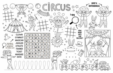Vector circus placemat for kids. Amusement show printable activity mat with maze, tic tac toe charts, connect the dots, find difference. Black and white play mat or coloring page with clown. © Lexi Claus