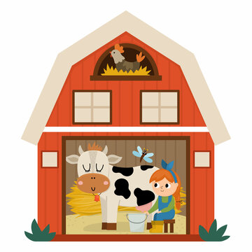 recommend clip art: Vector barn icon with girl milking cow inside isolated on white background. Flat farm shed illustration. Cute red woodshed with windows and hen in the nest. Rural or garden outhouse picture.