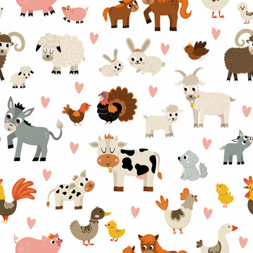Vector seamless pattern with farm animals and birds. Repeat background with cow, horse, goat, sheep, duck, hen, pig and their kids. Cute mother and baby digital paper. Family love country texture.