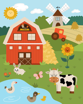 Vector farm landscape illustration. Rural village scene with animals, barn, tractor. Cute spring or summer nature background with pond, meadow, cow. Country field card for kids.