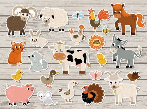 Vector farm animal and birds stickers set. Rural patches icons with cow, horse, goat, sheep, duck, hen, pig. Countryside illustration pack. Cute rural themed nature collection on wooden background.