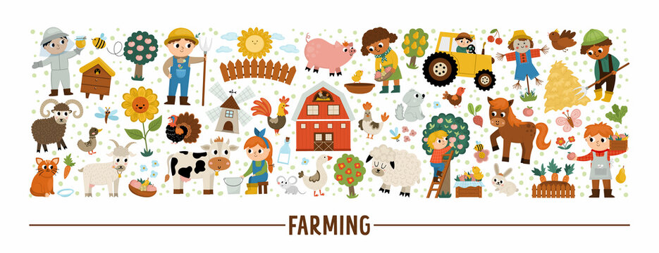 Vector farm horizontal set with farmers and animals. Rural country card template or local market design for banners, invitations. Cute countryside illustration with barn, cow, tractor, pig, hen