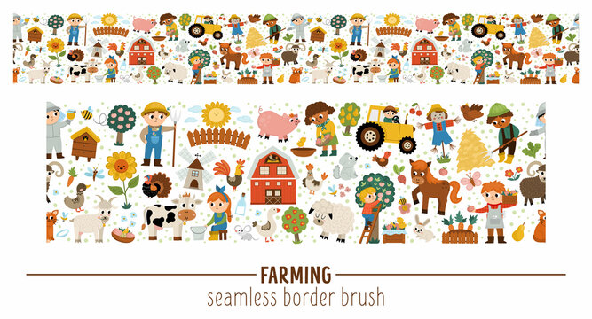 Vector farm seamless border brush with farmers and animals. Rural country or local market horizontal repeat background. Cute countryside illustration with barn, cow, tractor, pig, hen, flower.