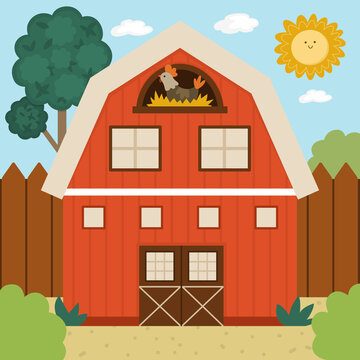 Vector farm or garden landscape illustration. Rural village scene with red barn, fence, tree. Cute spring or summer square nature background with cottage. Country house picture for kids.