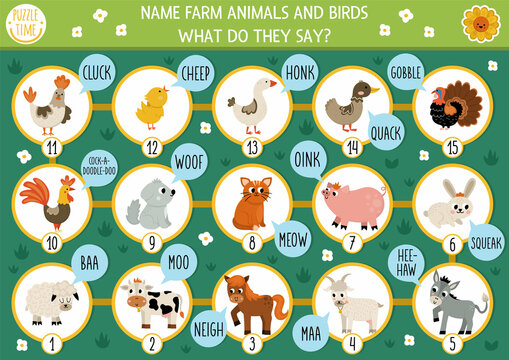 Dice board game for children with farm animals, birds and their sounds. Countryside boardgame.  Rural country activity or printable worksheet for kids. Name the animals, say moo, baa, oink, meow.