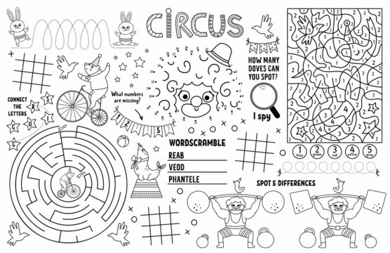 Vector circus placemat for kids. Amusement show printable activity mat with maze, tic tac toe charts, connect the dots, find difference. Black and white play mat or coloring page with clown.