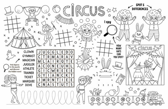 Vector circus placemat for kids. Amusement show printable activity mat with maze, tic tac toe charts, connect the dots, find difference. Black and white play mat or coloring page with clown.