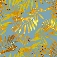 Golden tropical leaves seamless pattern. Digital art with mixed media texture - watercolour, acrylic, gold. Endless motif for packaging, scrapbooking, textiles, decoupage paper