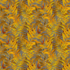 Golden tropical leaves seamless pattern. Digital art with mixed media texture - watercolour, acrylic, gold. Endless motif for packaging, scrapbooking, textiles, decoupage paper