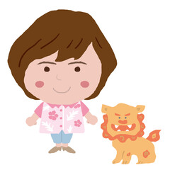 沖縄のかりゆしウェアを着た女性とシーサー　イラスト素材