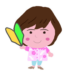 初心者マークを持つ沖縄のかりゆしウェアを着た女性　イラスト素材