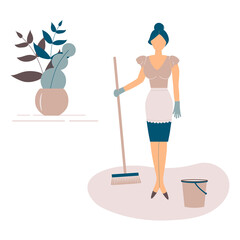 Fototapeta premium Cleaner woman or girl with sweeping brush and bucket.Cute maid near vase with beautiful leaves and branches.Vector illustration.For cleaning services ad,logo for cleaning company,leaflets,flyers