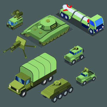 Military vehicles isometric 3d vector illustration concept banner, website, landing page, ads, flyer template