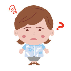 悩んでいる沖縄のかりゆしウェアを着た女性　イラスト素材