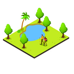 Couple trekking on park isometric 3d vector illustration concept banner, website, landing page, ads, flyer template