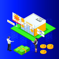Buying store in metaverse isometric 3d vector illustration concept banner, website, landing page, ads, flyer template