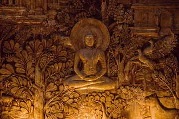 Foto op Aluminium Buddha wood carvings at Gangaramaya Temple, Colombo,  Sri Lanka © Michael Abishek