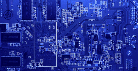 Old Motherboard digital chip. Blue color Circuit board. Integrated science background.