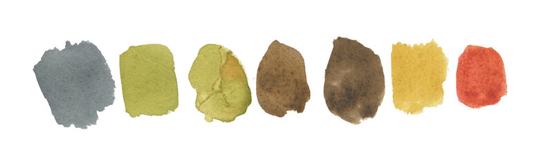Watercolor painting abstract stains: grey, green, broun, yellow and red colors. Summer palette