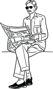 Man reading newspaper Old People lifestyle Hand drawn line art Illustration