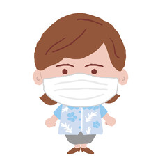 マスクをつけた沖縄のかりゆしウェアを着た女性　イラスト素材