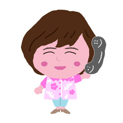受話器を持つ沖縄のかりゆしウェアを着た女性　イラスト素材