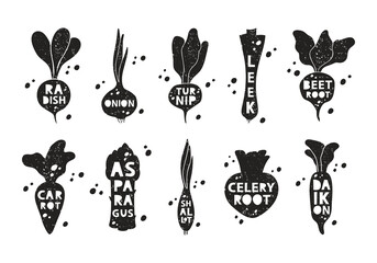 Vegetable and root crops, grunge stickers set. Radish, onion, turnip, beet, leek, carrot, daikon, asparagus, shallot, celery. Black texture silhouette, lettering inside. Imitation of stamp with scuffs - 485276569
