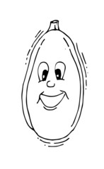 Zucchini is glad. Funny Face. Cheerful drawing of fruit. Hand drawing outline. Sketch Isolated on white background. Vector