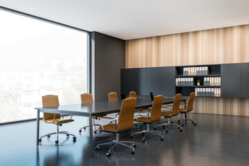 Fototapeta premium Corner view on dark office room interior with panoramic window
