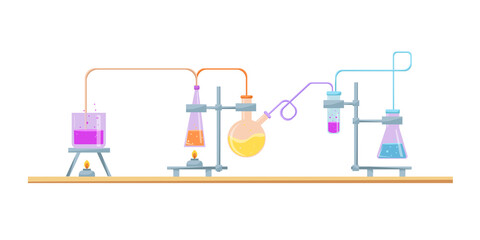 Flasks with substance. Chemical experiment. The concept of education and science. Vector cartoon.
