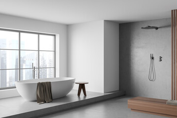 Fototapeta na wymiar Light bathroom interior with tub on podium, douche and window with city view