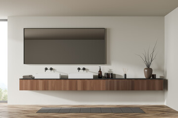 Light bathroom interior with sinks and mirror, decoration on deck