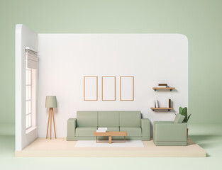 Light relaxing room interior with couch and coffee table, mockup posters