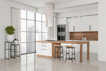 Light kitchen set interior with countertop and seats, kitchenware and window