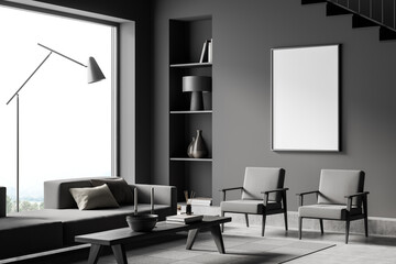 Guest room interior with seats and decoration, bench and window. Mockup poster