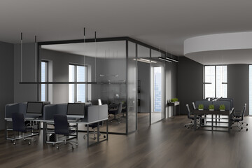 Dark office room interior with panoramic window with city view