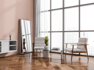 Bright waiting room interior with two armchairs, panoramic window