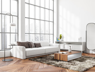 Corner view on bright living room interior with panoramic window