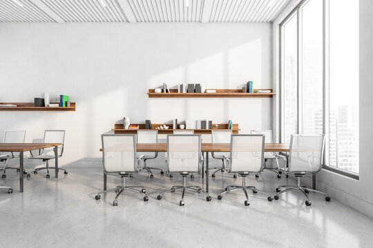 White office room interior with workplaces and panoramic windows