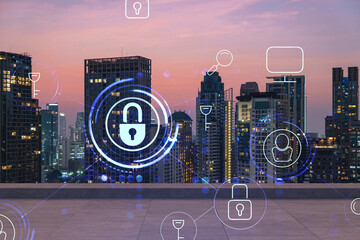 Rooftop with concrete terrace, Bangkok sunset skyline. Cyber security concept to protect clients confidential information. IT hologram padlock icons. City downtown. Double exposure.