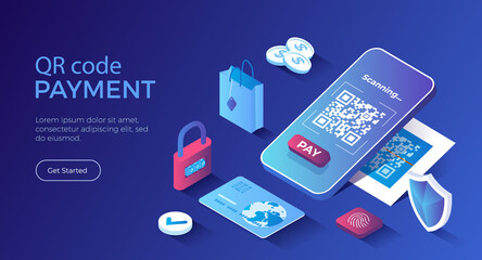 QR Code Payment. Mobile phone scans QR code. Barcode on smartphone screen. Fast cashless payments for goods and services. Isometric landing page. Vector web banner.