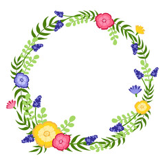 Spring floral wreath hand drawn vector illustration isolated on white. Circle frame of season greeting card.