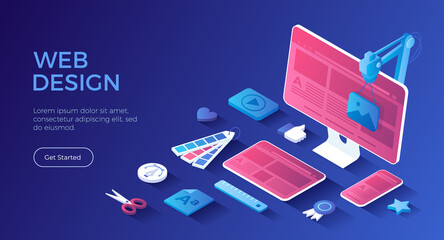 Web Design. Website landing page for monitor, laptop, tablet, phone. Creating UI UX website design. Web page for website and mobile site. Isometric landing page. Vector web banner. - obrazy, fototapety, plakaty