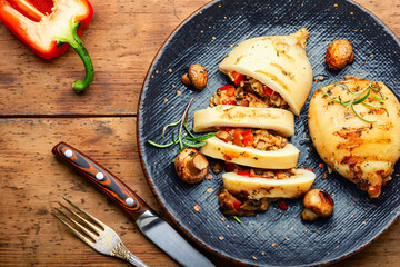 Grilled squid with mushroom stuffing