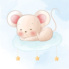 cute sleeping mouse on cloud cartoon illustration