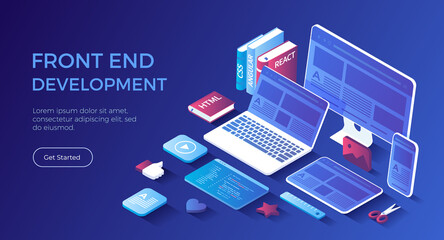 Front-end Development, Creating a site layout, template. Converting data into a graphical UI UX interface. Web development, design, graphic, usability. Isometric landing page. Vector web banner. - obrazy, fototapety, plakaty