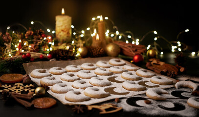 Traditional German or Austrian Vanillekipferl vanilla kipferl cookies on wooden table
